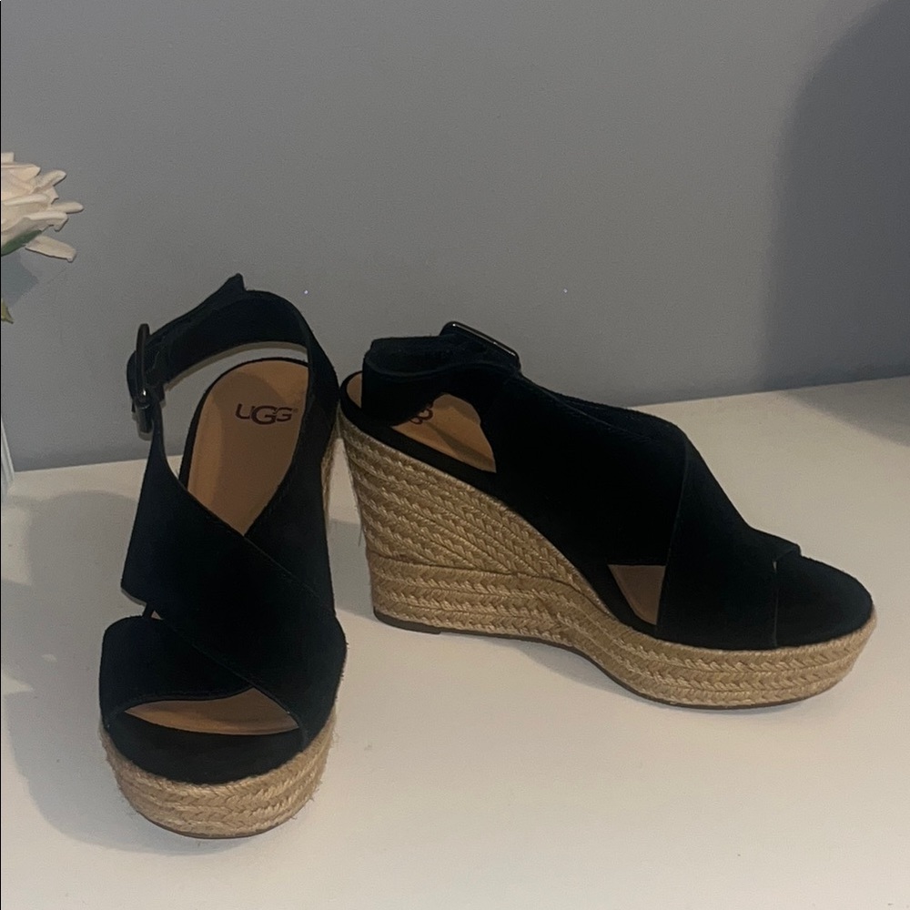 UGG Black and Tan Wedge Sandals